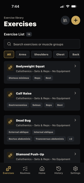 TrainTally exercise library screen with a search bar, muscle-group filters, and exercises such as Bodyweight Squat and Dead Bug tagged with the muscles they work.