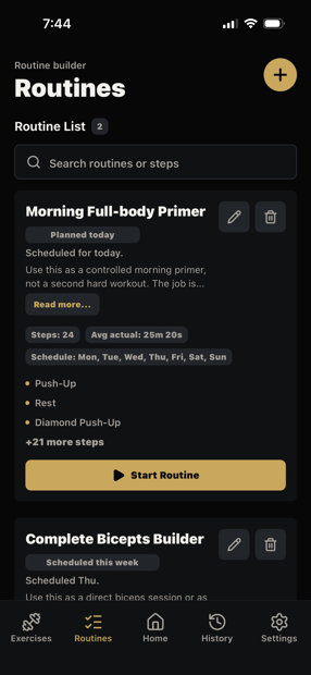TrainTally routines screen listing custom routines such as Morning Full-body Primer, with step counts, average duration, a weekly schedule, and a Start Routine button.