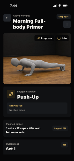 TrainTally guided workout screen: an active Morning Full-body Primer routine on step 1 of 24, showing a push-up demonstration, a planned target of 1 set of 12 reps with 40 seconds rest, and the current set tracker.